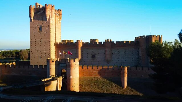 Aerial view of The medieval Castle of la Mota in Medina del Campo, Valladolid, Spain. High quality 4k footage