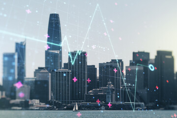 Abstract virtual heart pulse hologram on San Francisco cityscape background, online medical...