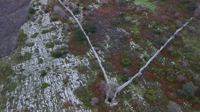 Trap to hunt wolves (Canis lupus), called the Lobera de Barr&oacute;n in the Sierra de Arcamo. Aerial view from a drone. Artaza. Alava. Basque Country. Spain. Europe