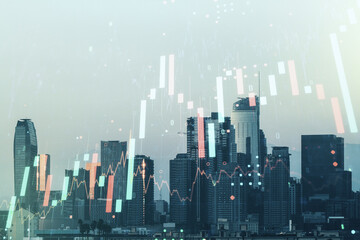 Multi exposure of abstract virtual financial graph hologram on Los Angeles skyline background,...