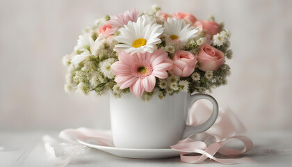 cute bouquet of flowers in a white mug with a white ribbon
