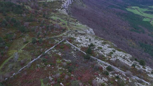 Trap to hunt wolves (Canis lupus), called the Lobera de Barr&oacute;n in the Sierra de Arcamo. Aerial view from a drone. Artaza. Alava. Basque Country. Spain. Europe