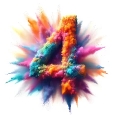 Fotobehang Number 4 - Colored powder explosion isolated on white background - FOUR - Vibrant colors contrasting with a white background - Colorful dust burst  © ana