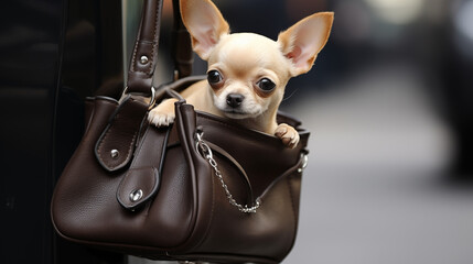 Handtaschenhund, Hund der in einer Tasche sitzt und wie ein Accessoire mitgenommen wird, Luxusleben - obrazy, fototapety, plakaty