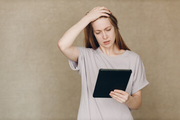 Portrait of young student actress learning role woman with digital tablet. Acting test casting film movie acting auditions.