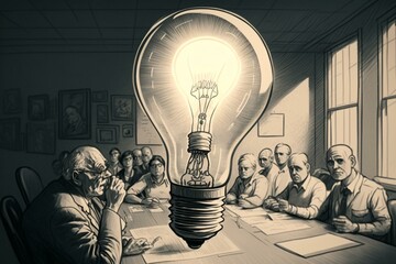 Innovative illustration of idea generation with a lightbulb illuminating over the head in traditional 20th century office art style. Generative AI