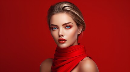 Portrait of a beautiful, elegant, sexy Caucasian woman with perfect skin, on a red background, banner.