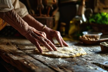 Cooking with Love and Experience: An Elderly Chef with Wrinkled Hands Prepares Dough for a Gourmet Delight, Infusing the Kitchen with Tradition and Culinary Expertise.

 - obrazy, fototapety, plakaty