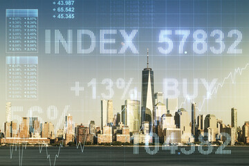 Multi exposure of virtual abstract financial diagram on Manhattan office buildings background, banking and accounting concept