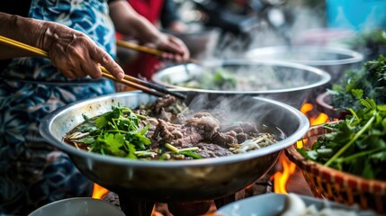Vietnam's Flavorful Streets: Traditional Street Food, A Close-up Culinary Adventure, from the Fragrant Bowls of Phos, in Bustling Markets - obrazy, fototapety, plakaty