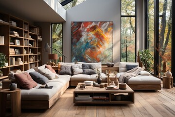 Living room with bright walls and flooring. The space with furniture featuring minimalist, geometric designs