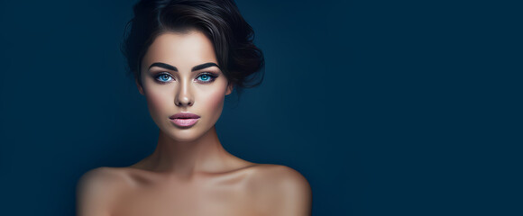 Portrait of a beautiful, elegant, sexy Caucasian woman with perfect skin, on a dark blue background, banner.
