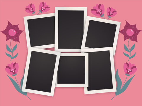 Floral photo frame mockups set. Valentines Day Photography album template. Spring empty image for memory. Blank realistic postcard for Woman and Mother. Vector scrapbook with flowers in flat style.