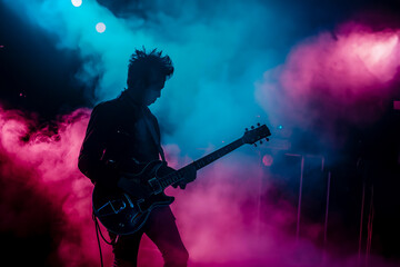 Obraz premium Korean K-pop band guitar player silhouette performing music on live stage in retro pink and blue light with copy space