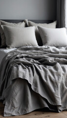 Gray pillowcases and blanket on bed. Dark gray bedroom