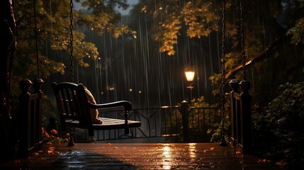 A person enjoying a quiet moment on a porch swing, surrounded by the gentle sounds of rain during a storm. [rainstorm relaxation] - obrazy, fototapety, plakaty