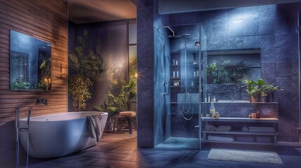 Fototapeta premium Interior of a modern bathroom with dark blue walls, a concrete floor, a comfortable bathtub and a glass shower