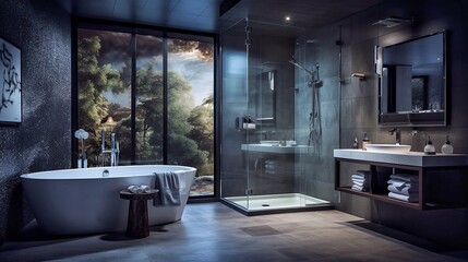 Modern interior design of a bathroom with a glass shower cabin in a luxury house