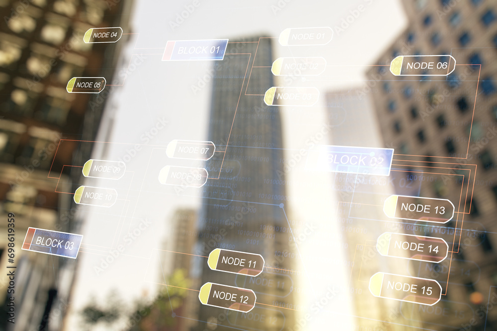 Poster multi exposure of abstract programming language hologram on blurry cityscape background, artificial 