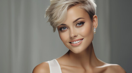Portrait of a beautiful, sexy Caucasian woman with perfect skin and white short hair, on a silver...