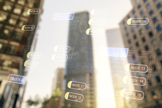 Multi exposure of abstract programming language hologram on blurry cityscape background, artificial intelligence and machine learning concept