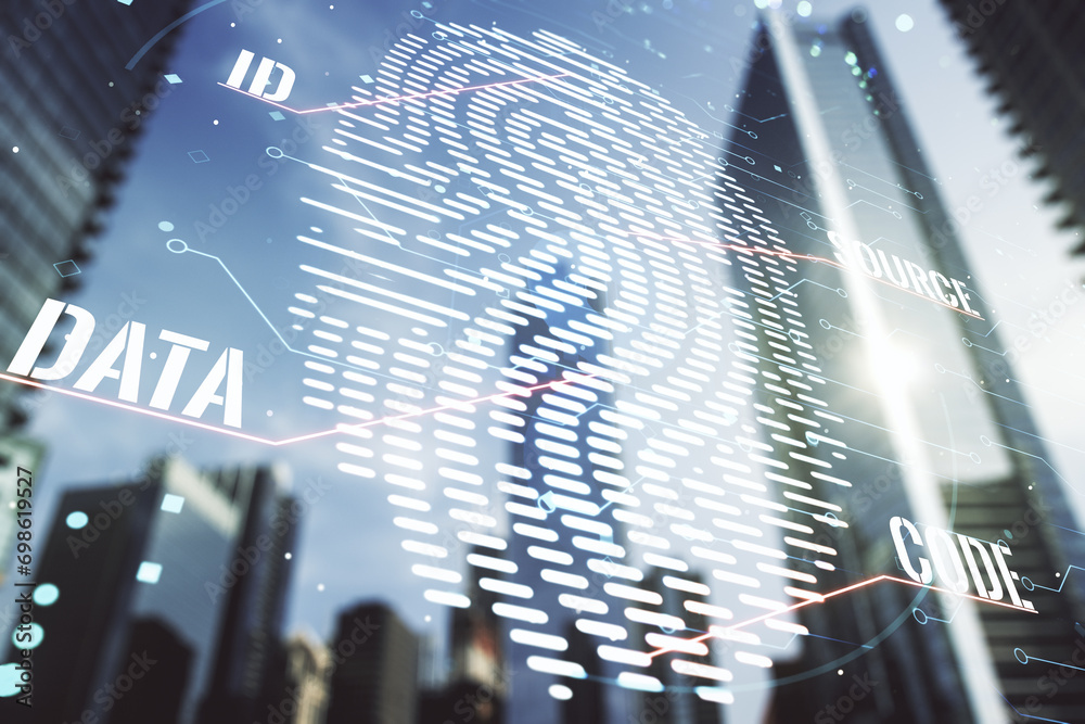 Aufkleber multi exposure of virtual fingerprint scan interface on blurry cityscape background, digital access 