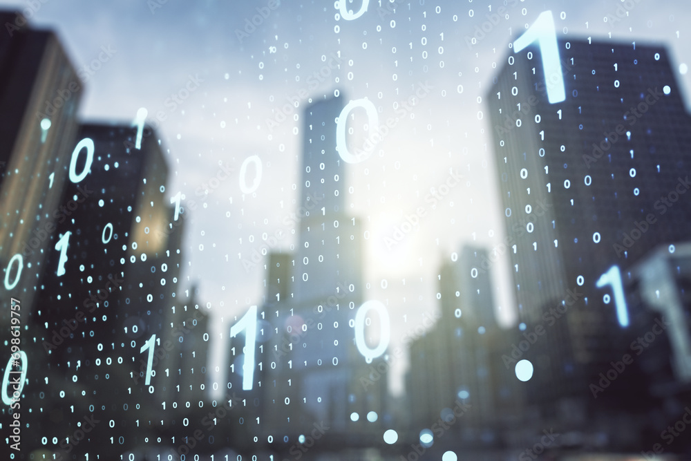 Aufkleber Abstract virtual binary code sketch on blurry cityscape background, hacking and matrix concept. Multiexposure