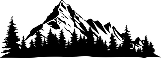 Simple hand-drawn vector drawing in black outline. Nature, panoramic landscape, mountain top. Ink sketch. Tourism, travel, sport. AI generated illustration. - obrazy, fototapety, plakaty