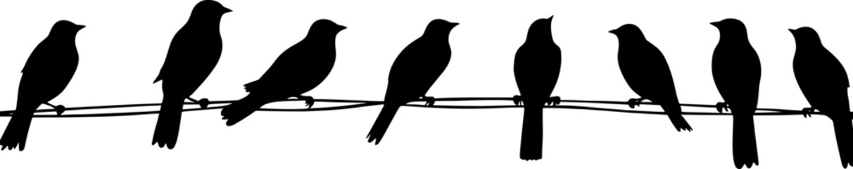 A silhouette of birds Purple Martins on a telephone wire. AI generated illustration.