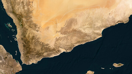 Yemen outlined. Low-res satellite map © zelwanka