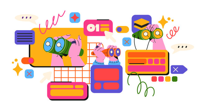 Cartoon retro frames, online website old computer style. Hands with binoculars search for information on the Internet. Memphis poster, online infographic. Icons for applications and websites, computer