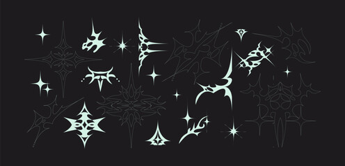 Y2K tribal shapes in retro futuristic style. Cyberpunk elements for 90s design. Ski-Fi style, GUI, FUI, HUD. Modern cyber user interface elements. Printable vector tattoo collection.