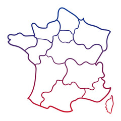 Blue and red gradient map of France with regions. Isolated vector on white background