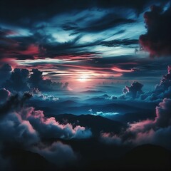 dramatic dark moody blue and pink sunset sky. Natural background created with generative ai