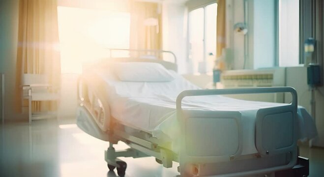 A hospital room with a bed and a window