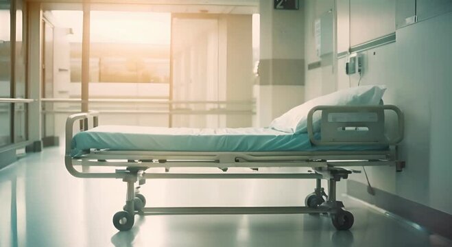 An empty hospital bed in a bright room with a window view. The concept of healthcare and treatment.