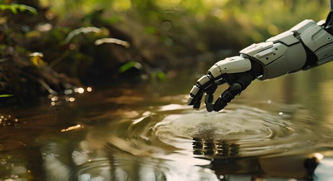 A robotic hand touches the surface of water in the forest, creating ripples. The concept of exploration and interaction with the environment.