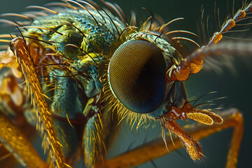 Microscopy of mosquito. Electron microscopy zoom closeup on nature background.