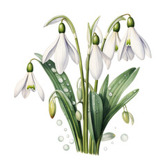 White Snowdrop Flower Bouquet Botanical Watercolor Painting Illustration