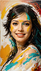 The fictional face of a smiling girl covered with paints of different colors, drawn in a picture, reality and painting