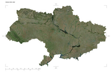 Ukraine between 2014 and 2022 shape isolated on white. High-res satellite map