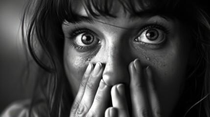 Black and white portrait of a woman who is scared and shocked