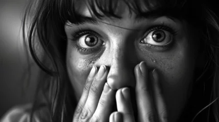 Fotobehang Black and white portrait of a woman who is scared and shocked © BraveSpirit