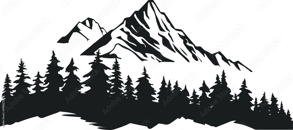 Wall mural simple hand-drawn vector drawing in black outline. nature, panoramic landscape, mountain top. ink sk - Wall murals