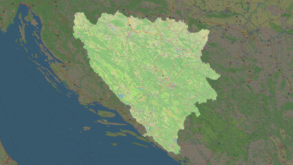 Bosnia and Herzegovina highlighted. Topographic Map