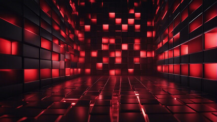 Abstract geometric black red 3d texture wall with squares and square cubes background generated by...