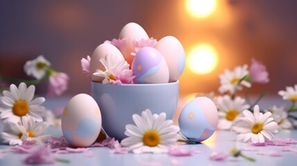 Eggs in pastel colours light backround flowers Ai Generative