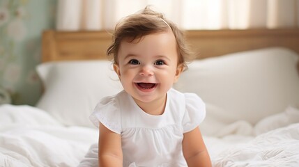 portrait of a little  cute smiling baby in white clothes lying on bed in bedroom.