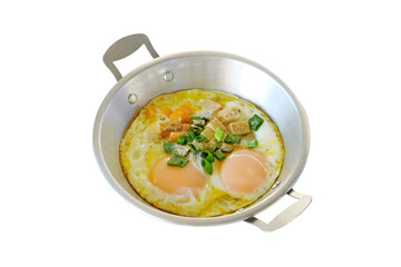 Pan Fried Egg with Toppings on white background Breakfast food in Thai style