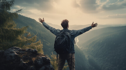 Man with backpack standing on a cliff, arms outstretched, overlooking a scenic mountain valley at sunset. - obrazy, fototapety, plakaty